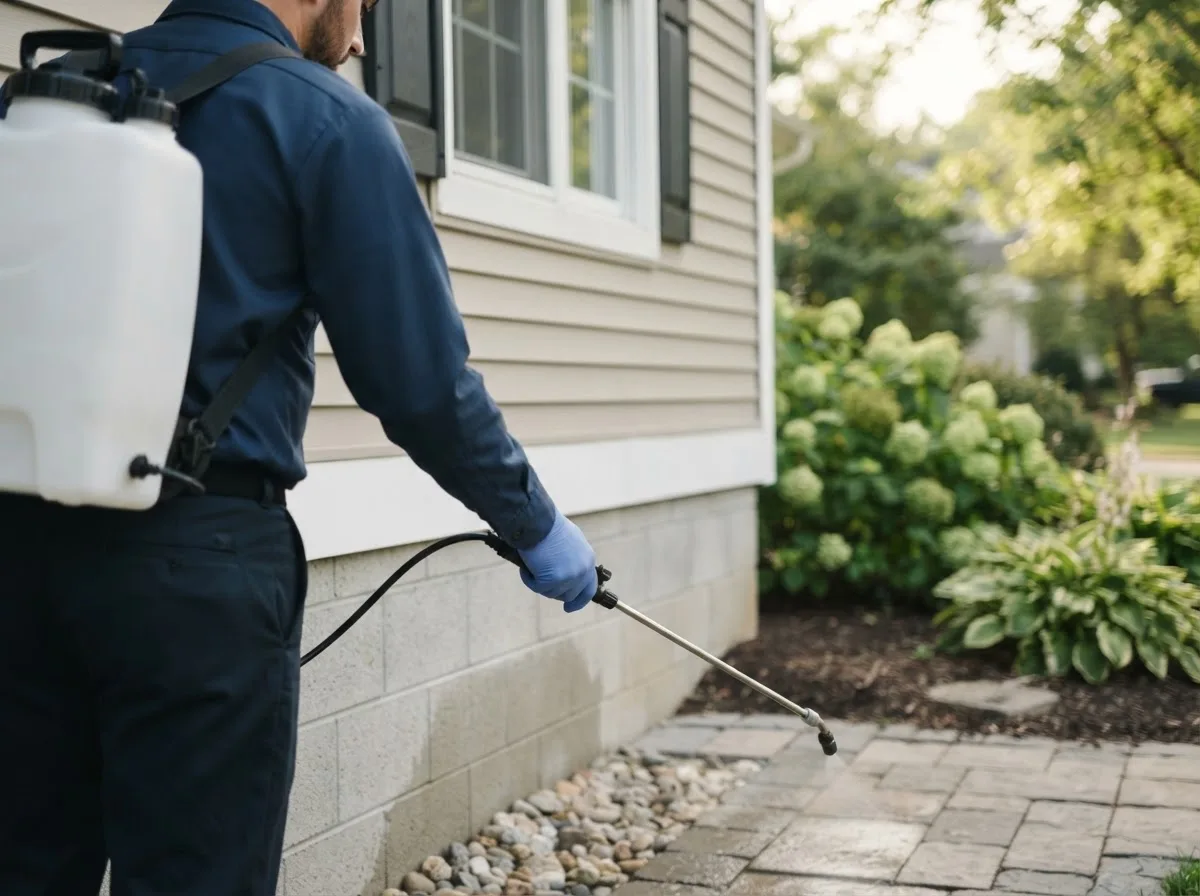 Pest control technician inspecting a home in Forestville, WI